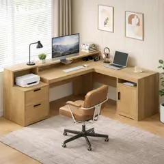 TU MESITA - Escritorio en L Theo TU MESITA Color Rovere con Repisas y Almacenamiento Canto Grueso