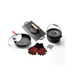 MR GRILL - Set Premium de Hierro Fundido (Plancha 42 cm con Asas, Olla, Sartén, Prensador, Malla Limpiadora, Guantes Protectores)