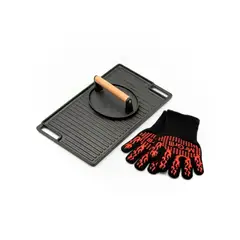 MR GRILL - Set de Hierro Fundido (Plancha 45 cm, Prensador de Hamburguesas, Guantes Protectores)