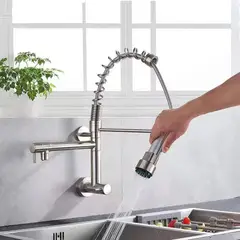 PUREPOWER - Grifo de cocina para montaje en pared con rociador para fregadero de doble palanca