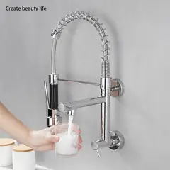 PUREPOWER - Grifo de cocina para montaje en pared con rociador para fregadero de doble palanca