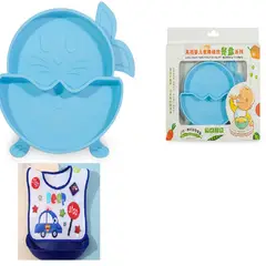 GENERICO - PLATO DE SILICONA CON DIVISIONES COLOR CELESTE + BABERO REGALO
