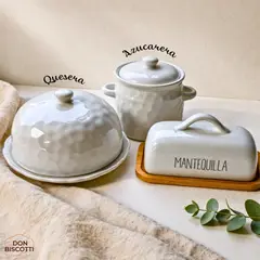 GENERICO - Quesera + Mantequillera + Azucarera de Cerámica Loza Blanca con Tapa - Juego Vajilla para Desayuno
