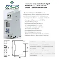 GENERICO - Interruptor temporizador horario digital 7 días 16A 230VAC 1NA 1NC unipolar 1canal 16programaciones