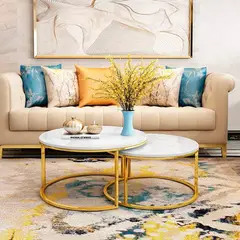 GENERICO - Mesa De Centro Moderna Sala De Estar Lujo 2 Piezas Marco Redondo