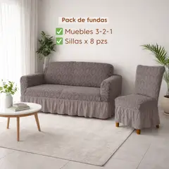 SALA FABULOSA - Pack Mueble 3-2-1 + 8 fundas de sillas en alo relieve Diamante Essence - Café