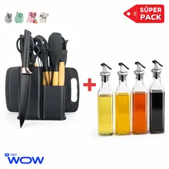INSPIRA MARKET - Set de Utensilios de Cocina + 4 Aceiteros de Vidrio Súper Pack