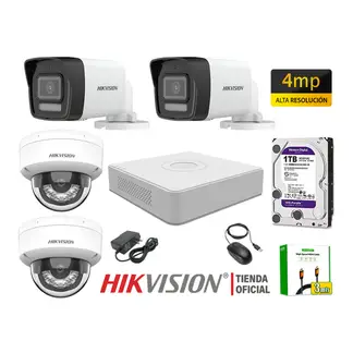 Hikvision - Kit 4 Cámara Seguridad IP POE Hikvision 4MP Detección Persona Audio Incorporado Disco 1TB