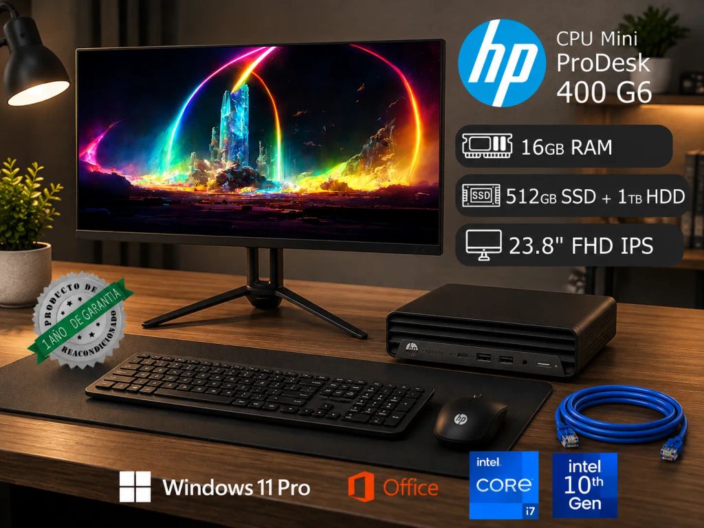 CPU Mini Hp 400 G6 i7-10700T 16GB 512GB SSD Reacondicionada + 1TB HDD Externo + Monitor Nuevo 24