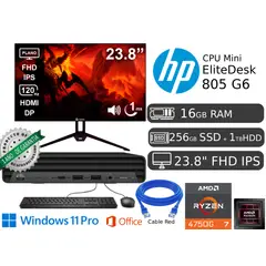 HP - CPU Mini Hp 805 G6 AMD Ryzen 7 PRO 16GB RAM 256GB SSD Reacondicionada + 500GB HDD + Monitor Nuevo 23.8