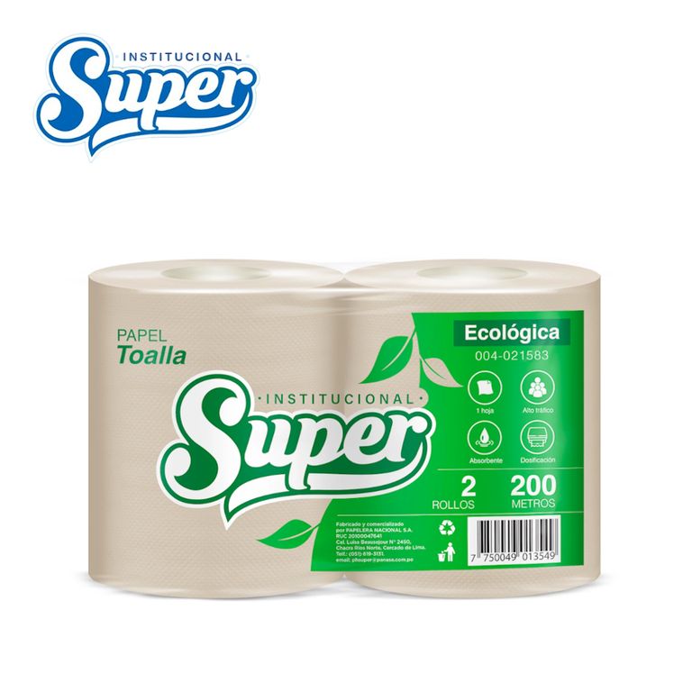 Papel toalla una hoja 200 metros 2 rollos SUPER ECOLÓGICO