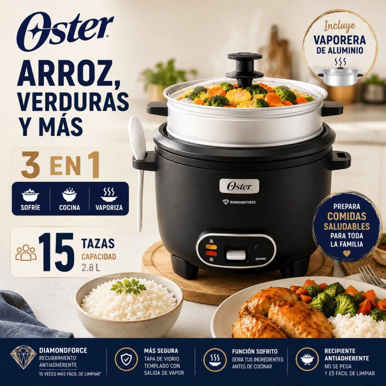 Arrocera Oster 15 Tazas 3 en 1 con Sofrito y Vaporera - Antiadherente DiamondForce CKSTRC15DFBLK