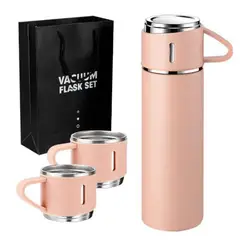 GENERICO - VASO TERMICO CON SET DE 3 TAZAS ROSADO