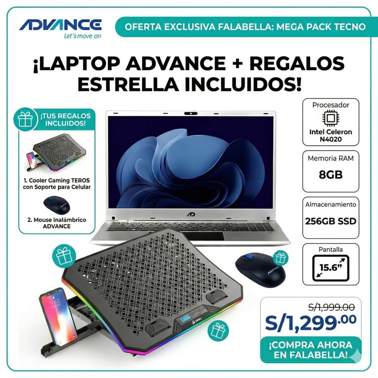 Intel Celeron N4020 - 8GB RAM - 256GB SSD - 15.6 Pulgadas + Cooler Teros + Mouse Inalámbrico