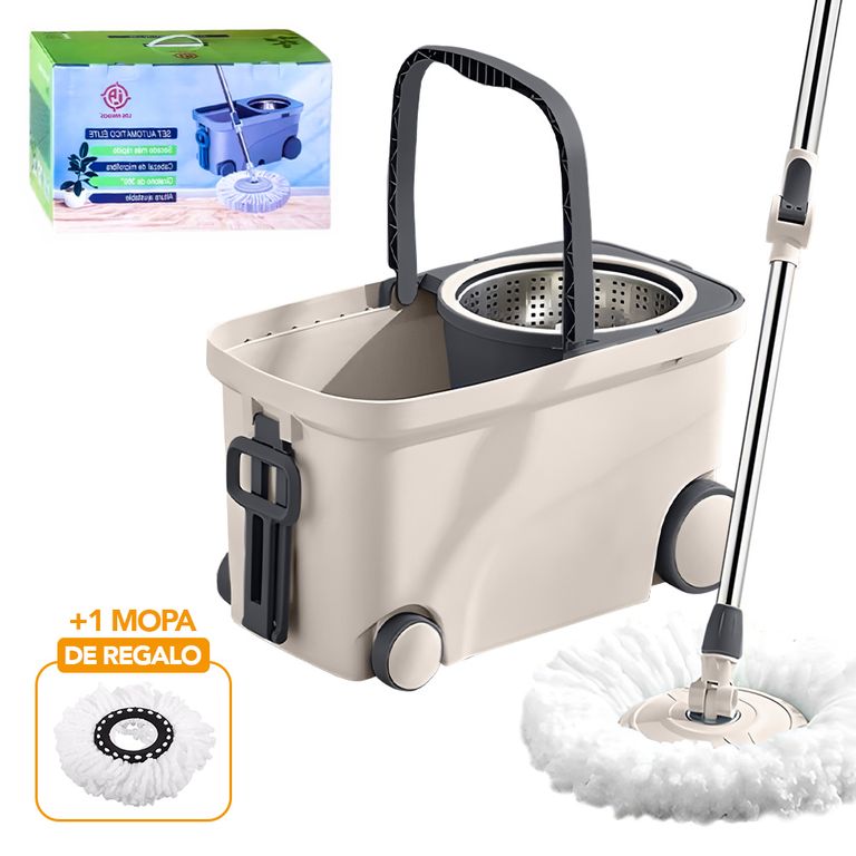 Trapeador Giratorio 2 Mopas con Caja Ruedas Y Asa Beige S4F