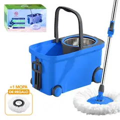 KELLER - Trapeador Giratorio 2 Mopas con Caja Ruedas Y Asa Celeste S4F