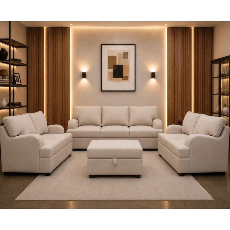 Juego de Sala Rumi Beige 321 + Banqueta Baul Regalo