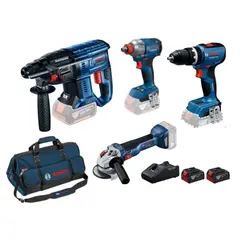 BOSCH - Bosch Cuatripack 18V Taladro + Rotomartillo + Llave Impacto + Esmeril
