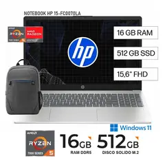 HP - NOTEBOOK HP 15.6 15-FC0070LA RYZEN 5-7520U 16GB 512GB WINDOWS 11 - PLATEADO + MOCHILA HP PRELUDE