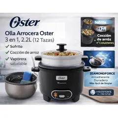 OSTER - Olla Arrocera 3 en 1 2.2L (12 Tazas) con Sofrito y Vaporera Antiadherente DiamondForce CKSTRC12DFBLK
