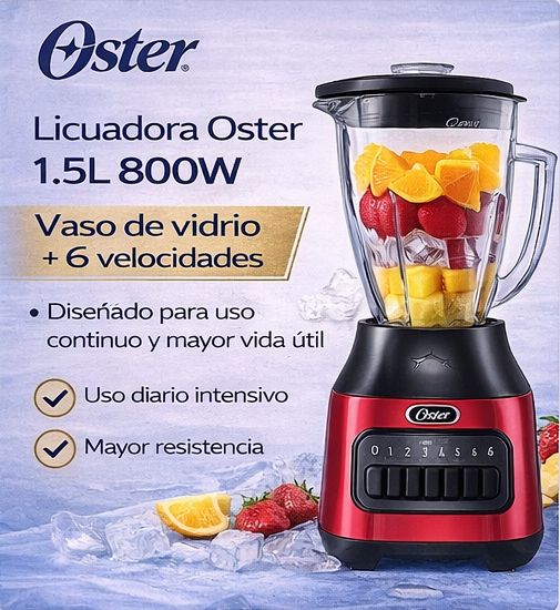 Licuadora Oster 1.5L 800W Vaso de Vidrio 6 Velocidades + Pulso BLSTPEG-CPB Roja