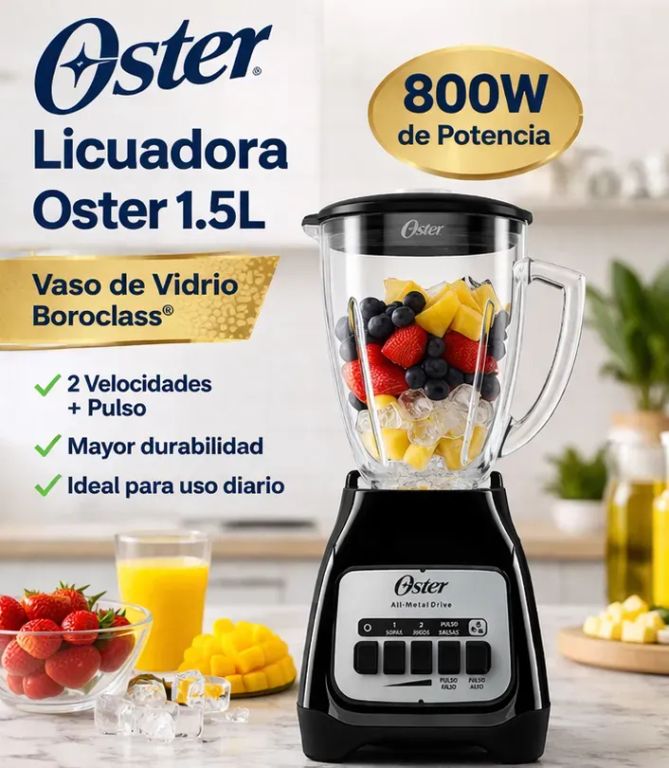Licuadora Oster 1.5L BLSTKAG-BPB Vaso de Vidrio Boroclass 2 Velocidades + Pulso 800W Negra