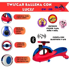 OKA - TWIST CAR  MUSICAL BALLENA CON BLUETOOTH, LUCES LED Y TIMON CON SONIDO  PARA NIÑO