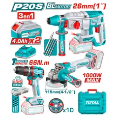 Total Tools - TALADRO 66NM+AMOLADORA 1000W + ROTOMARTILLO 26MM 2X4.0AH + ACC INDUSTRIAL TOTAL-TOSLI241198
