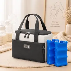 Baby - Bolso de Lactancia Térmico Cooler Bag GRIS + 2 Bloques Refrigerantes Almacenamiento Portátil