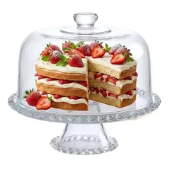 GENERICO - PORTA TORTA 3 EN 1 DE VIDRIO LABRADO CON TAPA DE 31 CM