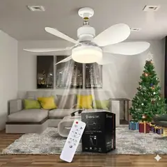 GENERICO - Foco Ventilador Blanco 28W 52CM 3 Colores de Luz  C/ Control y Pilas -  6 Aspas