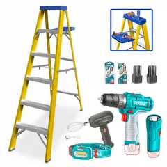 TOTAL - Escalera fibra de vidrio 5 pasos Wadfow + Taladro y linterna Total