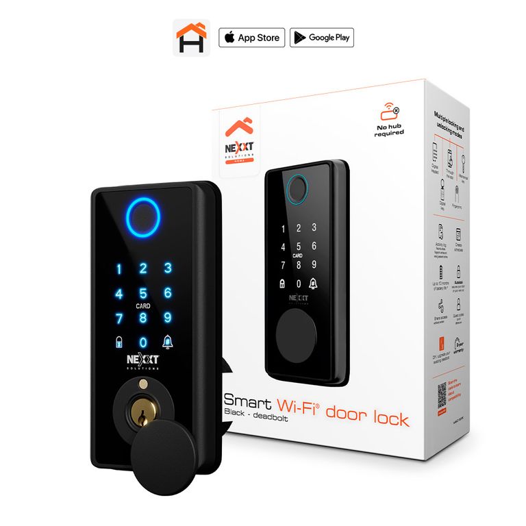 CERRADURA INTELIGENTE WIFI NEXXT CON ACCESO DE HUELLA, CLAVE, TARJETA O LLAVE. COLOR NEGRO