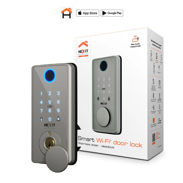 CERRADURA INTELIGENTE WIFI NEXXT CON ACCESO DE HUELLA, CLAVE, TARJETA O LLAVE. COLOR PLATEADO