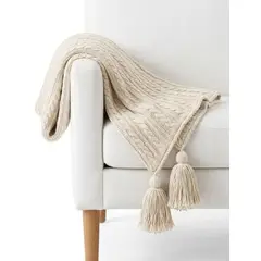 ZALMOHADAS - Manta Trenzas XL Hueso con Borlas 140×90 cm