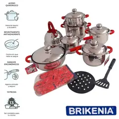 GENERICO - Juego De Ollas Brikenia 13 Piezas En Acero Quirúrgico Con Tetera Silbadora Color Rojo