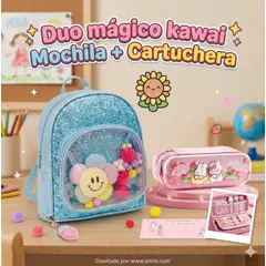 GENERICO - Duo Mágico Kawaii Mochila + Cartuchera Celeste