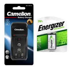CAMELION - CARGADOR PARA PILAS AA,AAA Y 9V +1 Batería Recargable 9V de 175mah