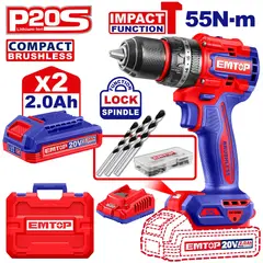 EMTOP - TALADRO PERCUTOR BRUSHLESS CHUCK METÁLICO ½"  20V 55NM 2AH - ECIDL20558 EMTOP