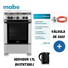Mabe - Cocina de Pie a Gas Mabe 4 Hornillas 60 cm CMP6010FG1 Silver + Válvula de Gas + Hervidor 1.7L BVSTKT3101.