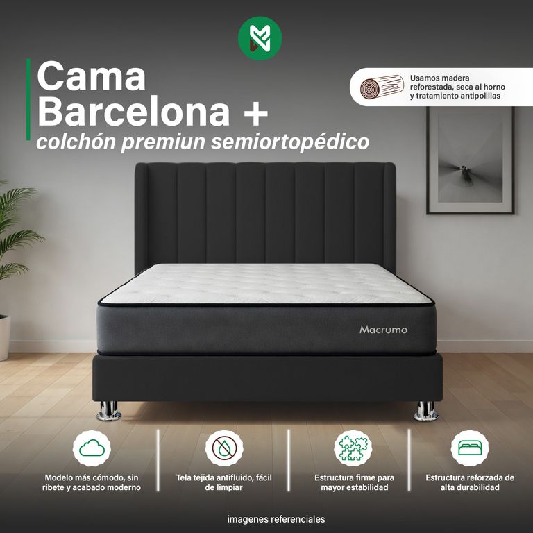 Combo Cama tapizada Barcelona -2plz - Negro +colchón premium semiortopédico