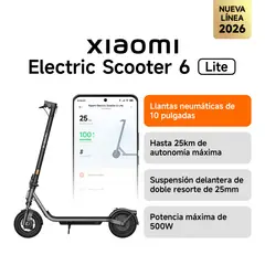 XIAOMI - Xiaomi Scooter Eléctrico  6 Lite Plegable Autonomía 25km Máx 25km/h Neumáticos 10" 500W Suspensión