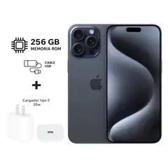 APPLE - Apple Iphone 15 Pro Max 256gb Azul Blue Titanium 5G + Kit de carga. Reacondicionado Grado A+ A2849.