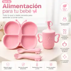 GENERICO - Set de Alimentación para Bebé de Silicona Antiderrame con Ventosa Diseño Mariposa rosado