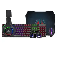ENKORE - Kit Gamer Bravio 5 en 1: Teclado + Auricular + Mouse + Parlante + Pad Mouse