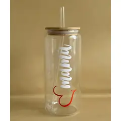 GENERICO - Tomatodo Vaso de Vidrio con Tapa de Bambú y Sorbete Diseño Mamá Regalo Día de la Madre 500ml