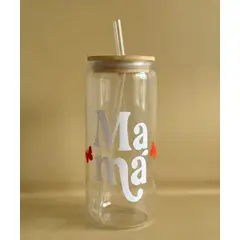 GENERICO - Tomatodo Vaso de Vidrio con Tapa de Bambú Diseño Mamá Regalo Día de la Madre 500ml