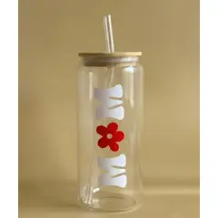 GENERICO - Tomatodo Vaso de Vidrio con Tapa de Bambú Diseño MOM Regalo Día de la Madre 500ml