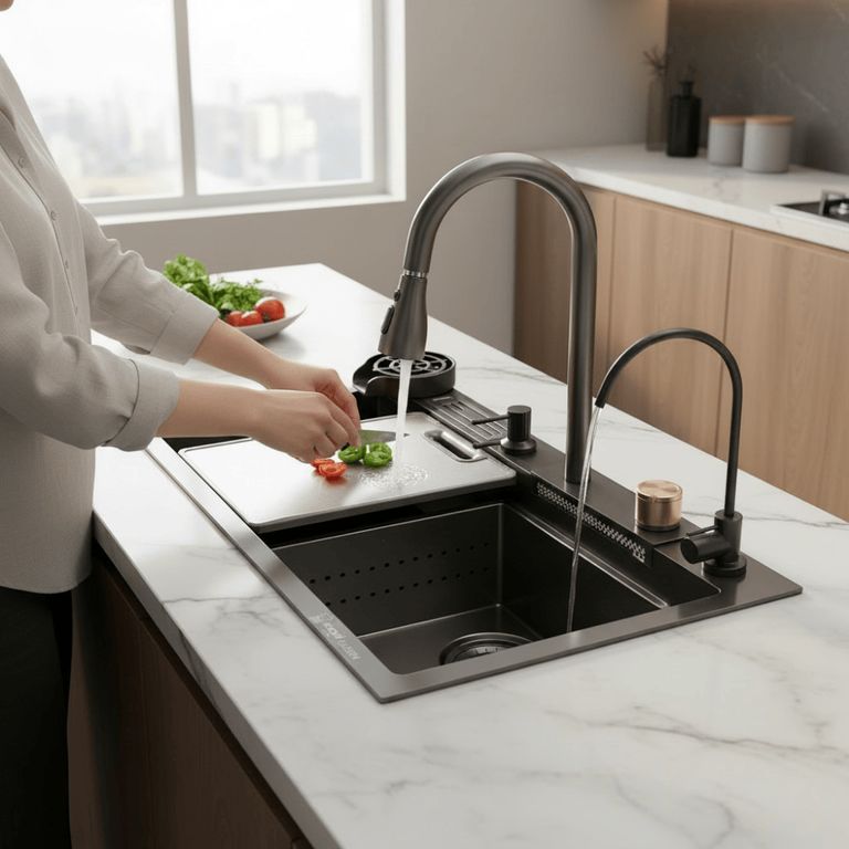 Combo Premium Lavadero Multifuncional Caño Cascada Plomo Grafito 75x46x22