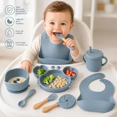 GENERICO - Set de Alimentación para Bebé de Silicona Antideslizante 9 Piezas celeste - Libre de BPA